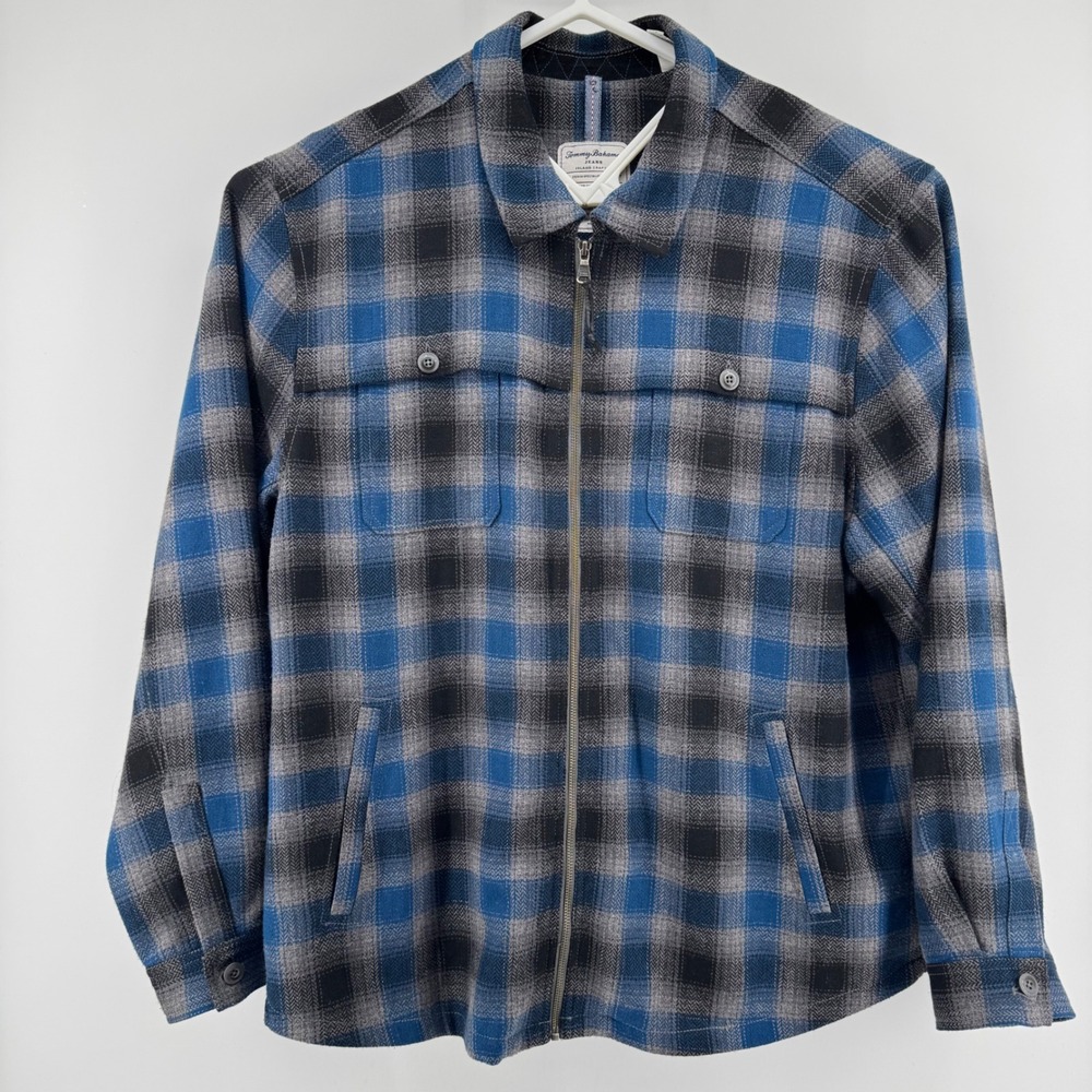 Tommy Bahama Jacket Mens XXL Blue Black Plaid Wool Blend Full Zip Shacket 2XL